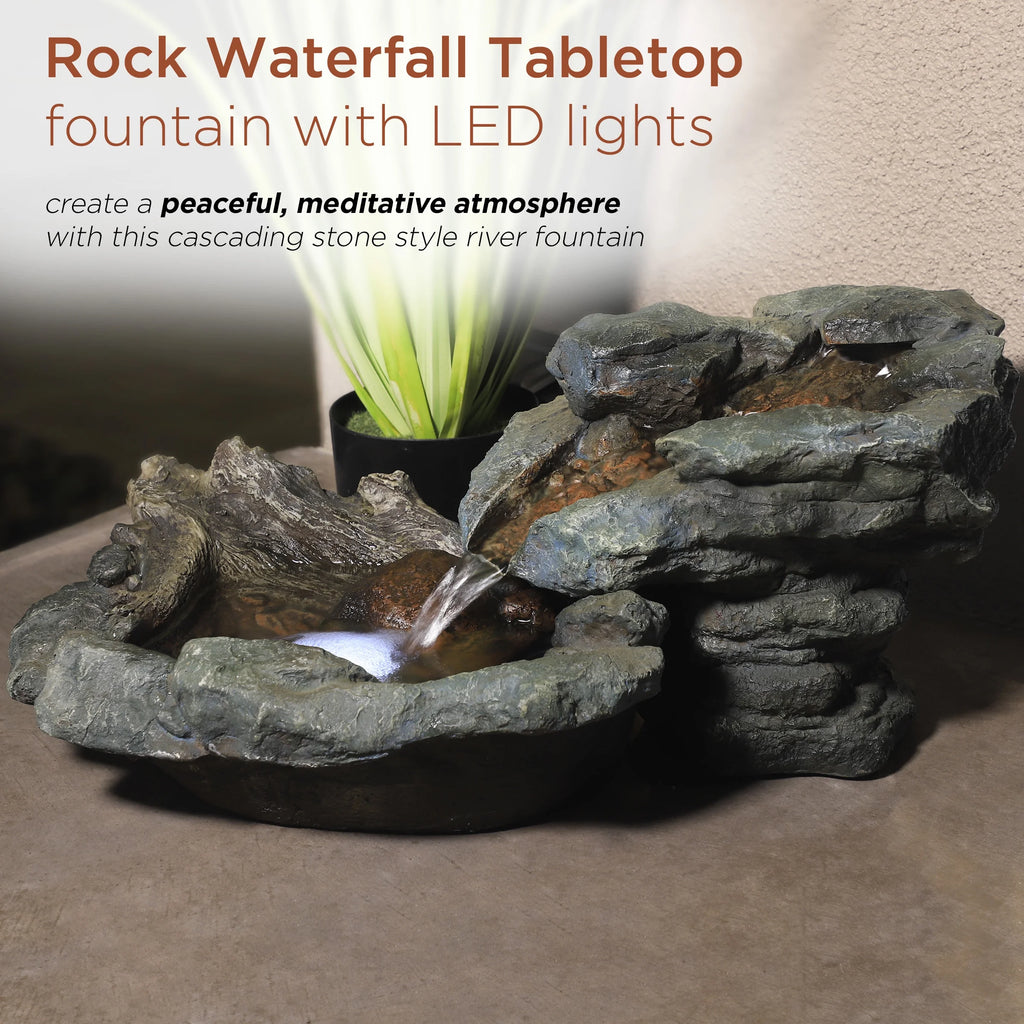 9" Tall River Rock Waterfall Tabletop Electric Fountain with LED Lights A6819