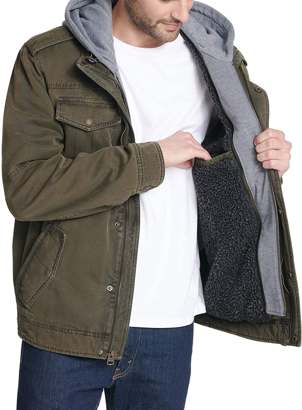 Mens Washed Cotton Hooded Military Jacket Olive D2186
