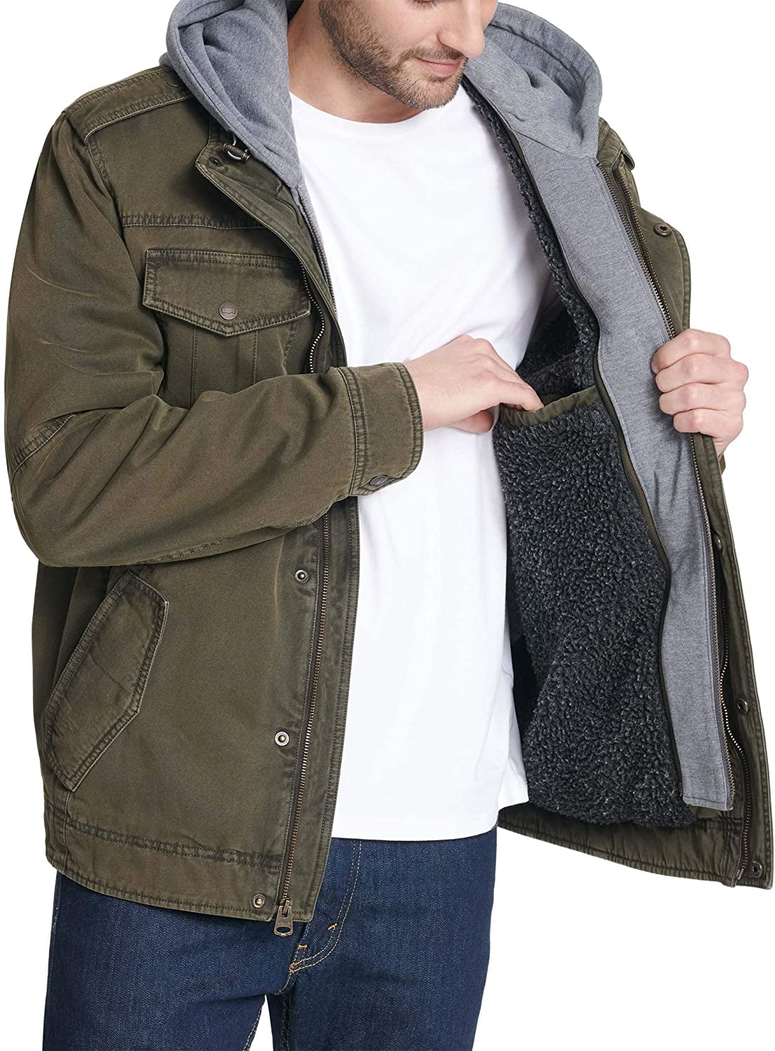 Mens Washed Cotton Hooded Military Jacket Olive D2186