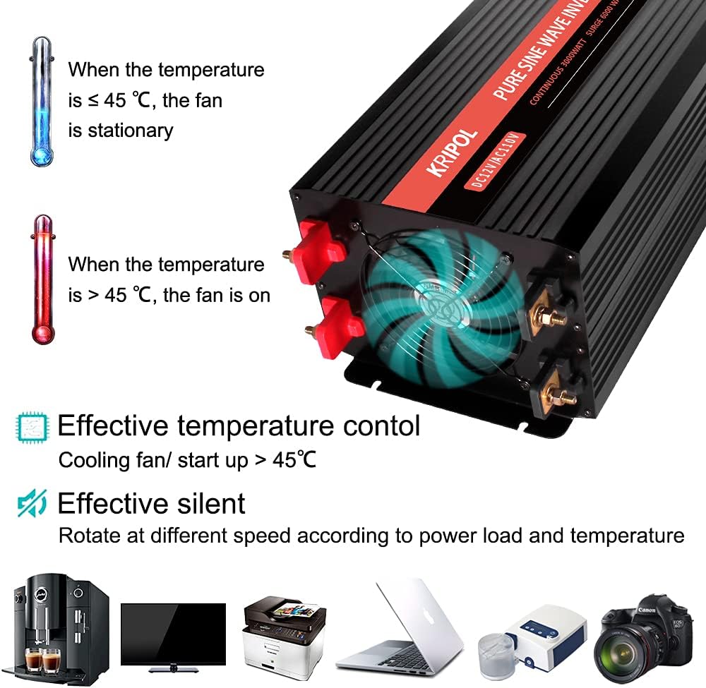 3000 Watt Pure Sine Wave Power Inverter 12V DC to 110V AC with 4 AC Outlets & USB Output J699292