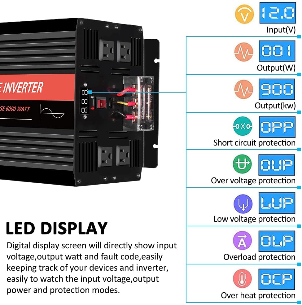 3000 Watt Pure Sine Wave Power Inverter 12V DC to 110V AC with 4 AC Outlets & USB Output J699292