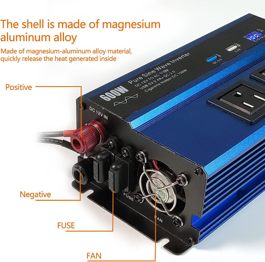 600W Pure Sine Wave Power Inverter DC12V to AC 110V with Dual AC Outlet K7248