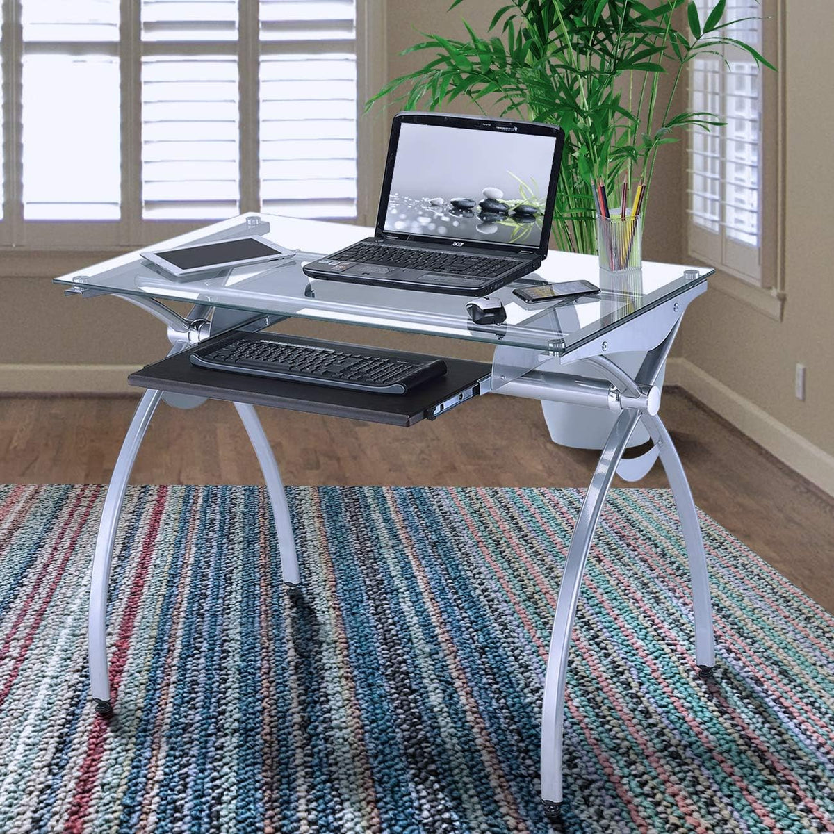 Clear Glass Top Computer Desk with Pull Out Keyboard Panel U82273