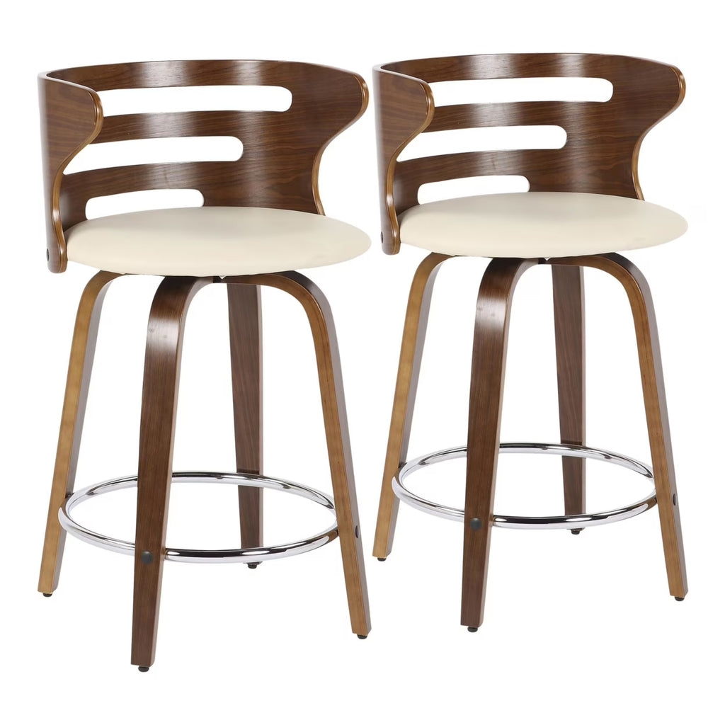Mid-Century Modern Counter Stool With Swivel In Walnut And Cream Faux Leather - Set Of 2 N4723