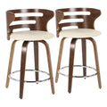 Mid-Century Modern Counter Stool With Swivel In Walnut And Cream Faux Leather - Set Of 2 N4723