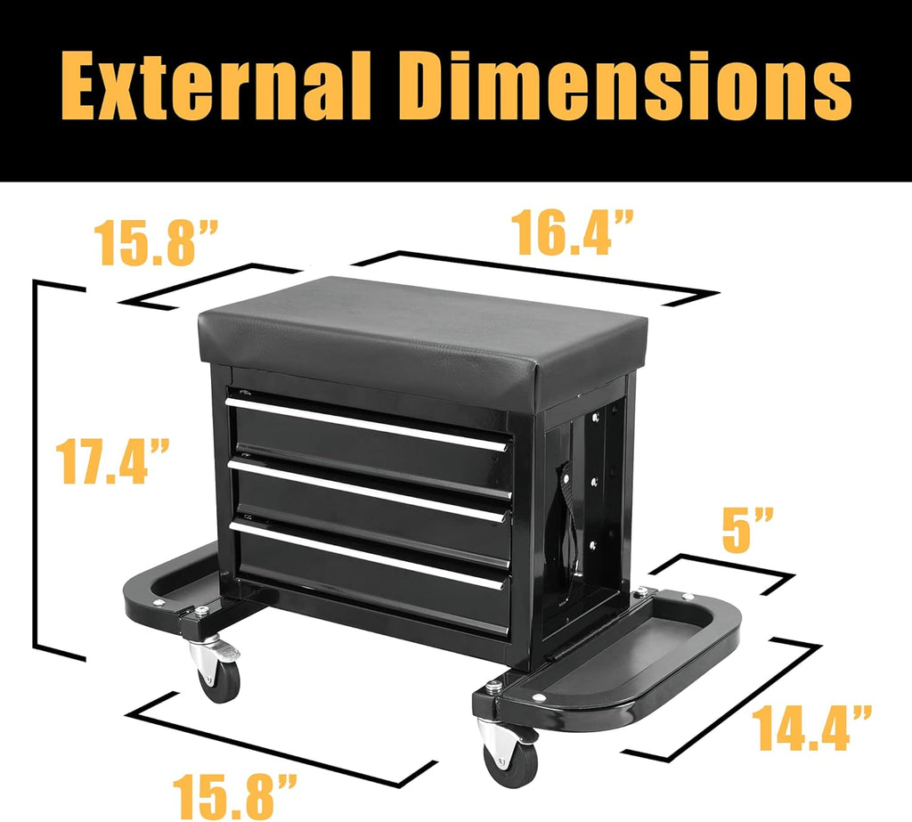 Black 3 Drawer Rolling Garage Tool Storage Chest and Seat L262