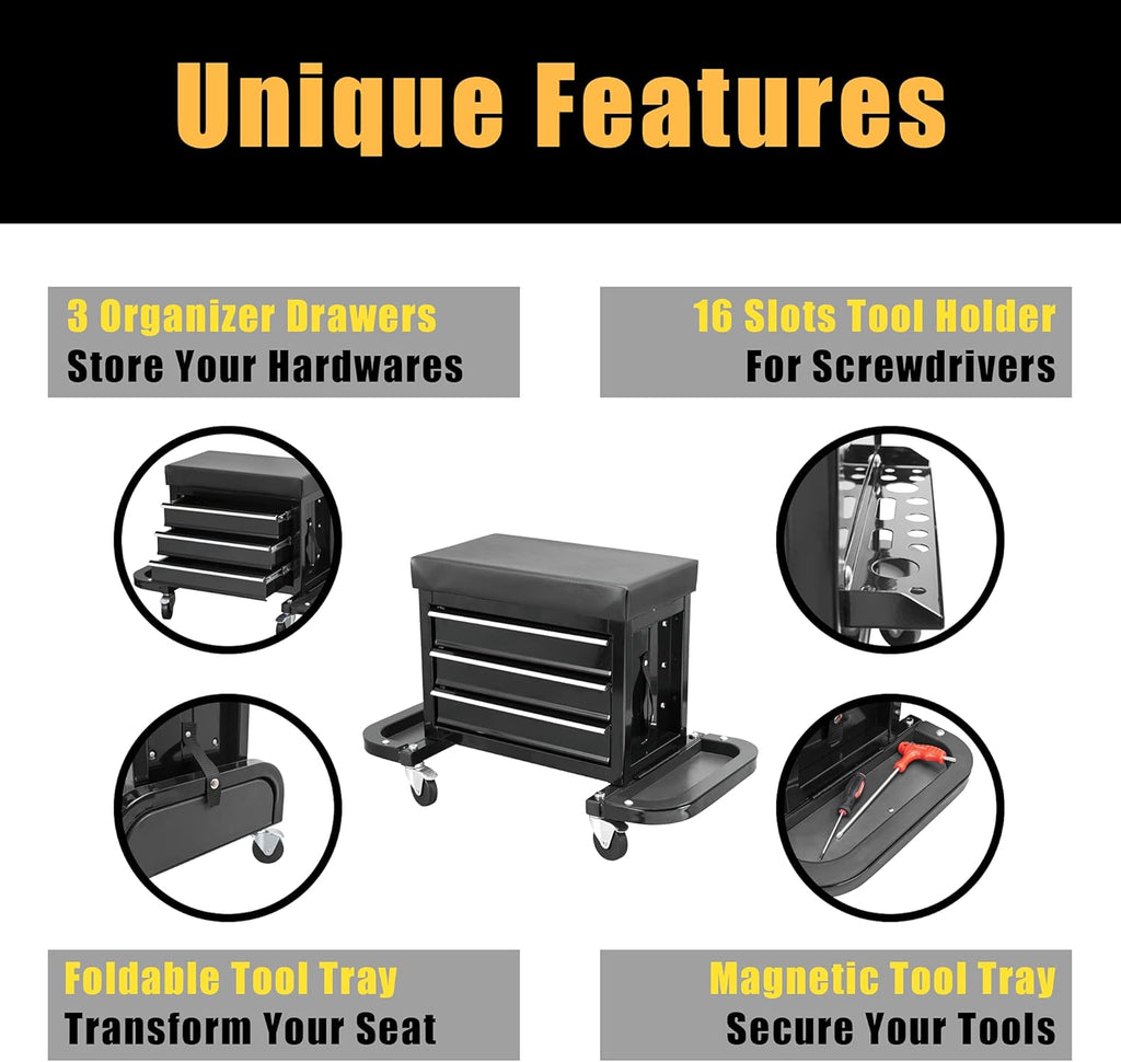 Black 3 Drawer Rolling Garage Tool Storage Chest and Seat L262