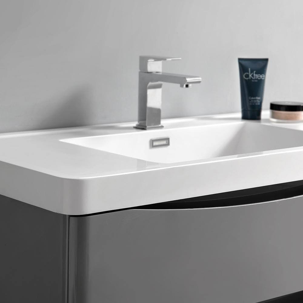 Glossy Gray Wall Hung Bathroom Cabinet with Integrated Sink H94926