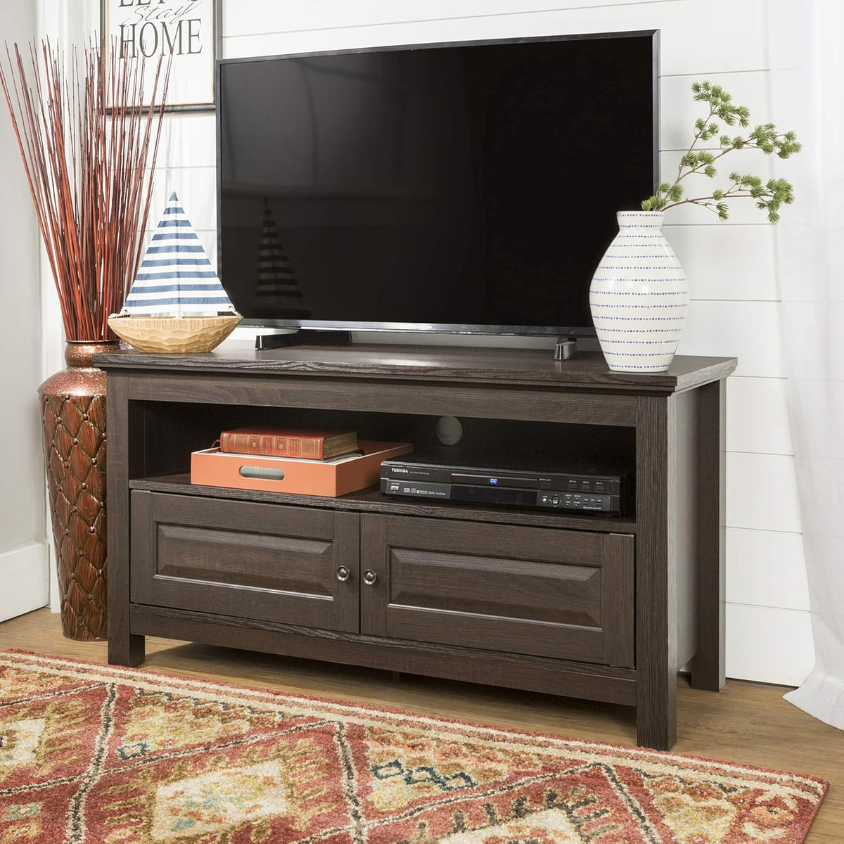 44 Inch Traditional Brown Wood TV Stand with Storage Cabinets B9246