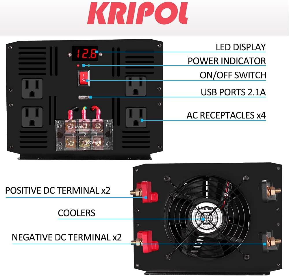 3000 Watt Pure Sine Wave Power Inverter 12V DC to 110V AC with 4 AC Outlets & USB Output J699292