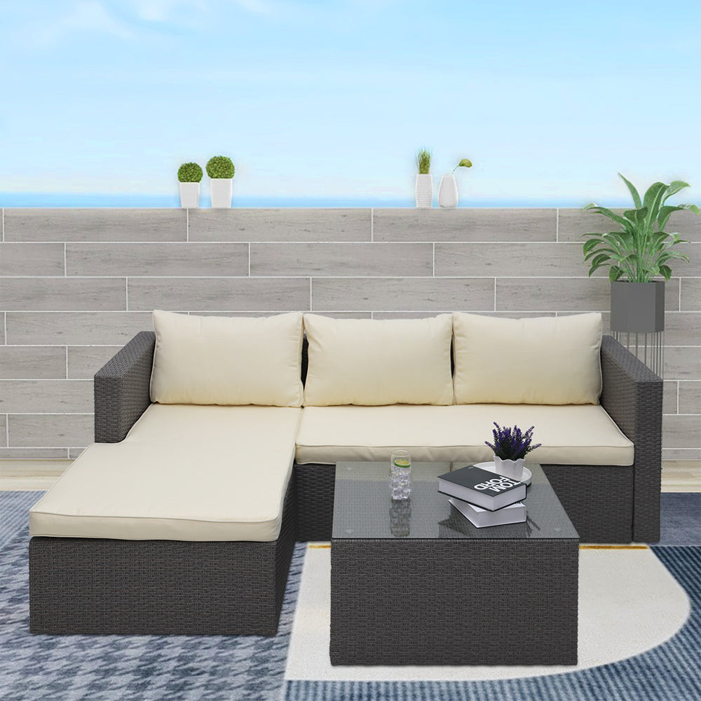 3 Piece Wicker Sectional Conversation Set with Cushions - Grey B1325