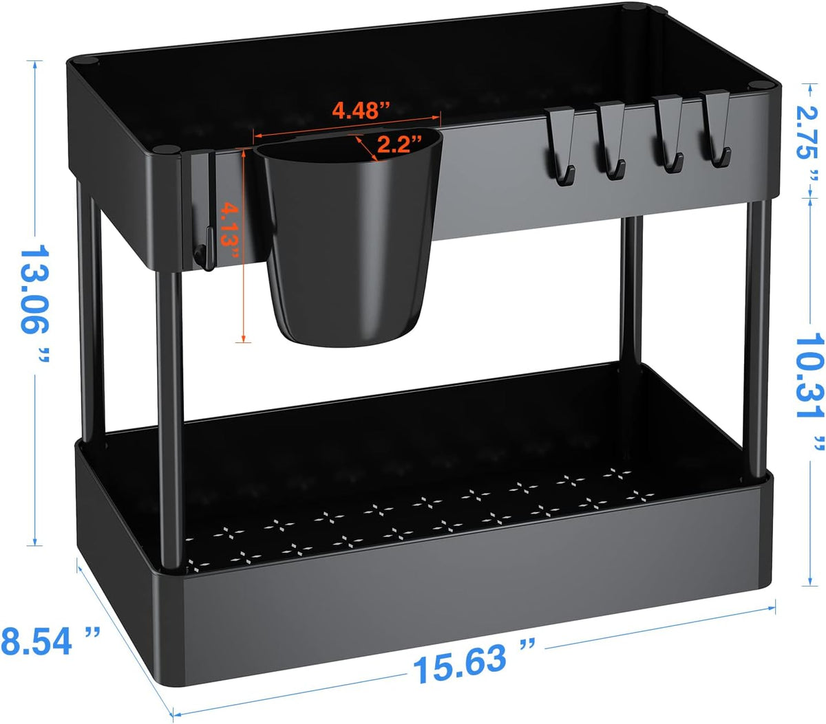 2 Tier Under Sink Rack Organizer with 6 Hooks, Black Z40689