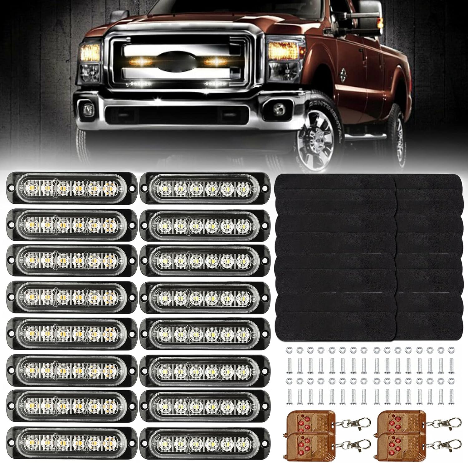 16Pcs LED Emergency Strobe Lights with Control Switch, Amber White, Pack of 2 O899850