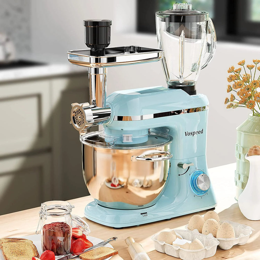 9 IN 1 Stand Mixer 850W Tilt-Head Electric Mixer with 7.5 QT Stainless Steel Bowl, Meat Grinder, Juice Blender with 1.5L Glass Jar - Blue F6973