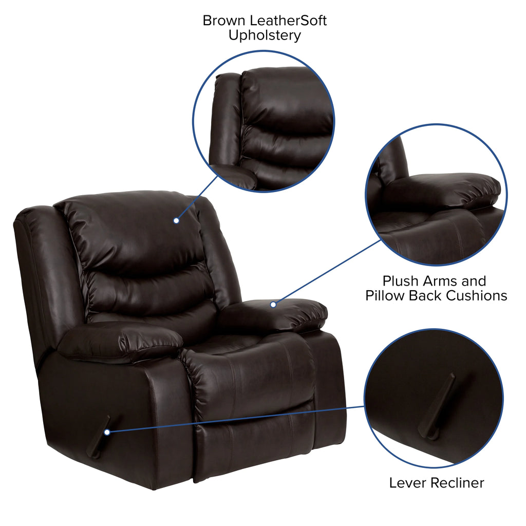 Plush Brown LeatherSoft Lever Rocker Recliner with Padded Arms I182945