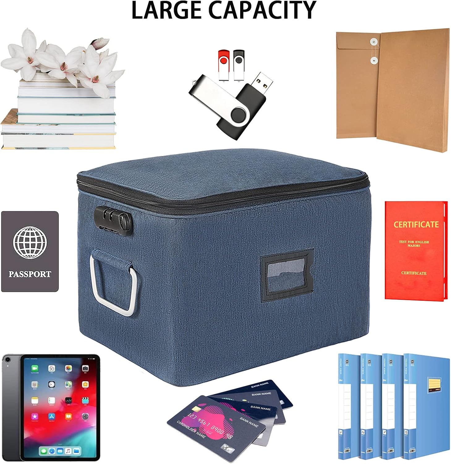 Blue Oxford Fabric Document Organizer Box with Lock Q989761
