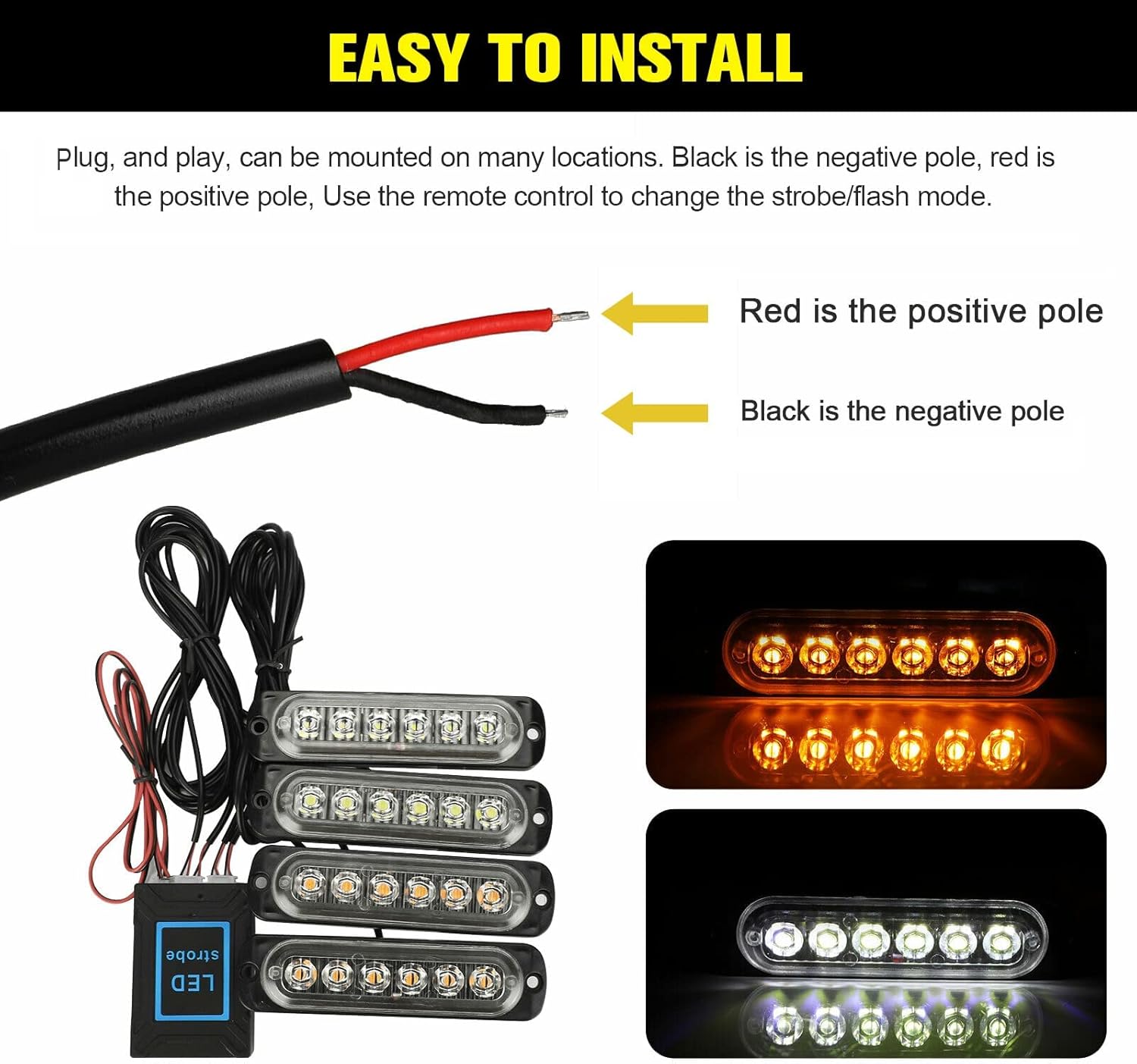 16Pcs LED Emergency Strobe Lights with Control Switch, Amber White, Pack of 2 O899850