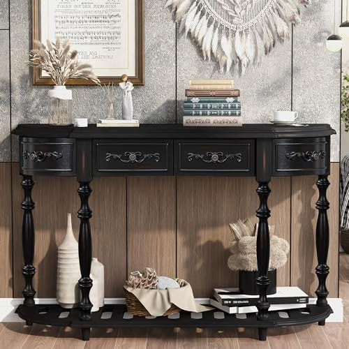 Retro Wood Curved Console Table 52-Inch with Drawers U500