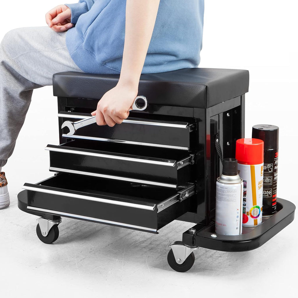 Black 3 Drawer Rolling Garage Tool Storage Chest and Seat L262