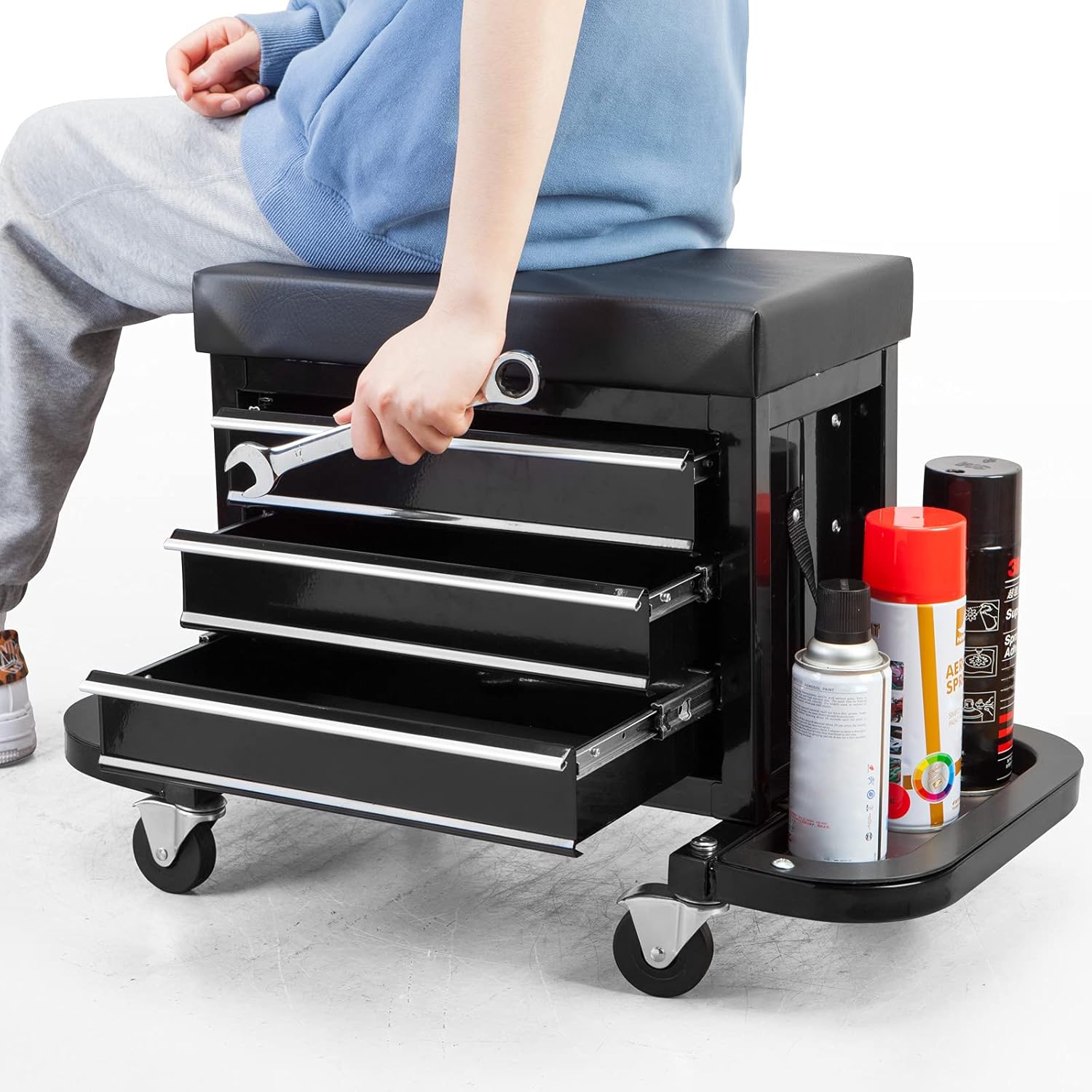Black 3 Drawer Rolling Garage Tool Storage Chest and Seat L262