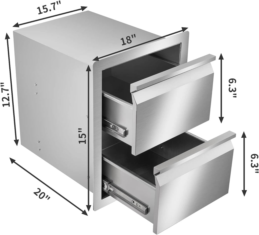 Stainless Steel Double Access BBQ Drawers Box Frame Style Flush Mount Outdoor Kitchen Storage Double Drawers D573459