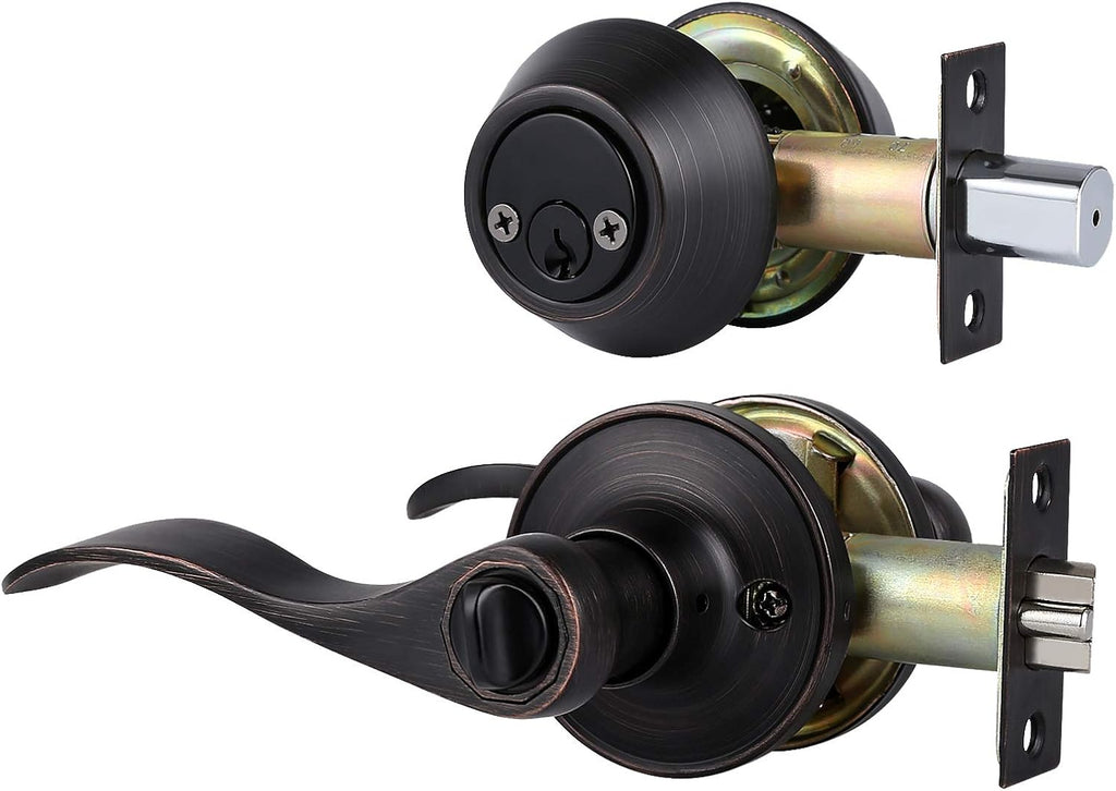 4 Pack Front Door Entry Lever Lock Set with Single Cylinder Deadbolt, Oil Rubbed Bronze E229