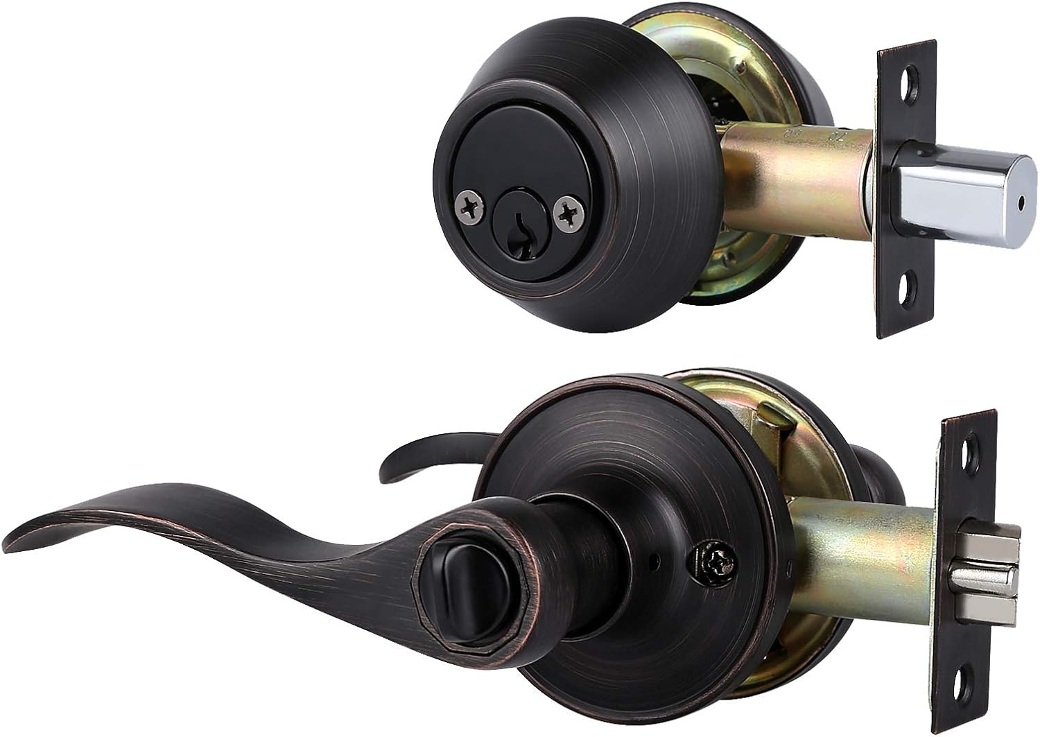 4 Pack Front Door Entry Lever Lock Set with Single Cylinder Deadbolt, Oil Rubbed Bronze E229