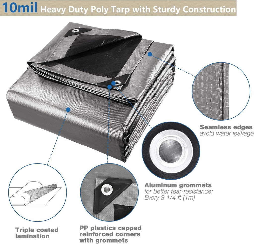 Heavy Duty Reinforced Poly Tarp Waterproof Tarpaulin 10-mil with Eyelets F942058