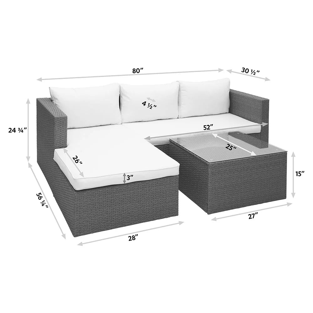 3 Piece Wicker Sectional Conversation Set with Cushions - Grey B1325