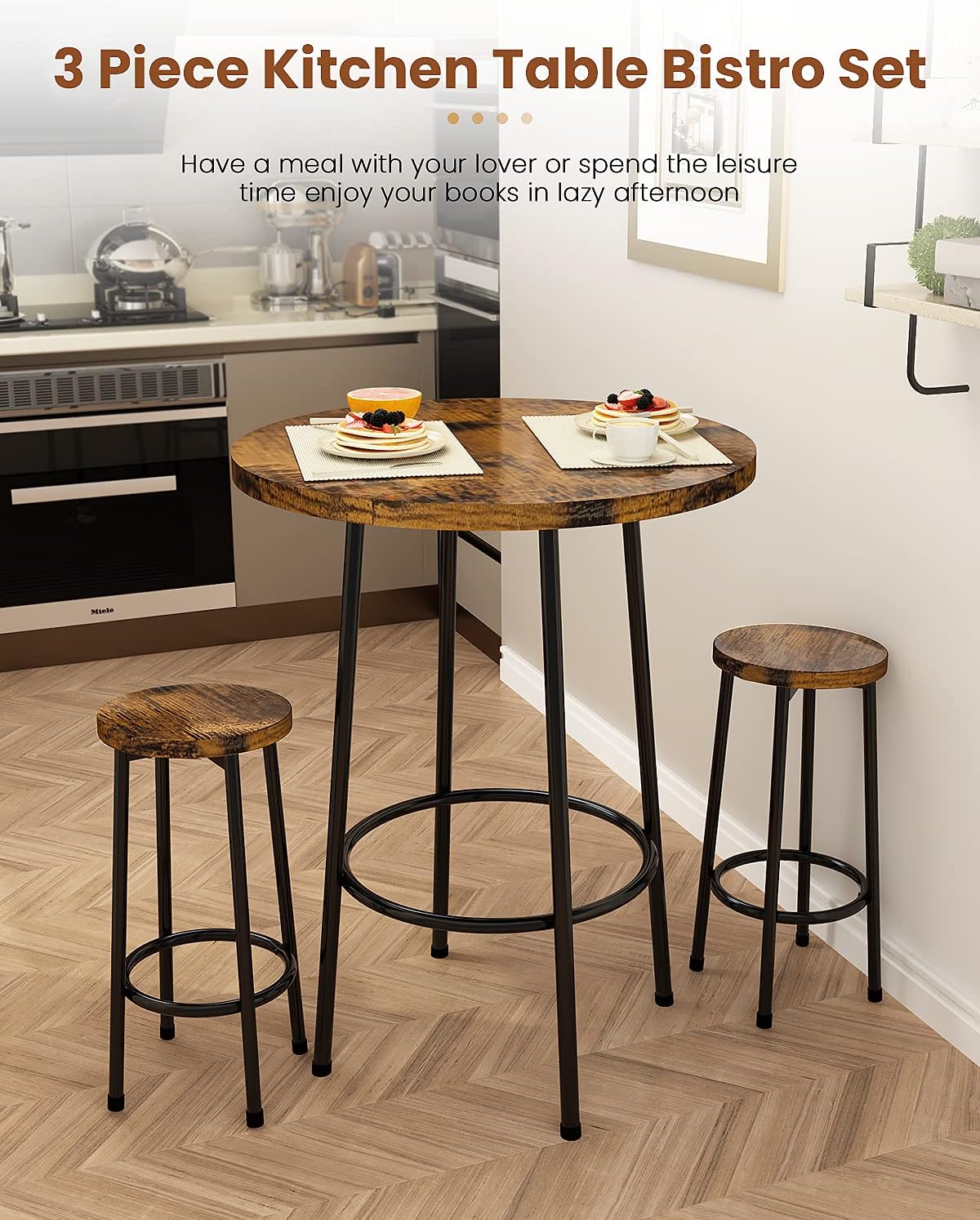 Rustic Brown 3 Piece Round Bar Table and Stools H6682