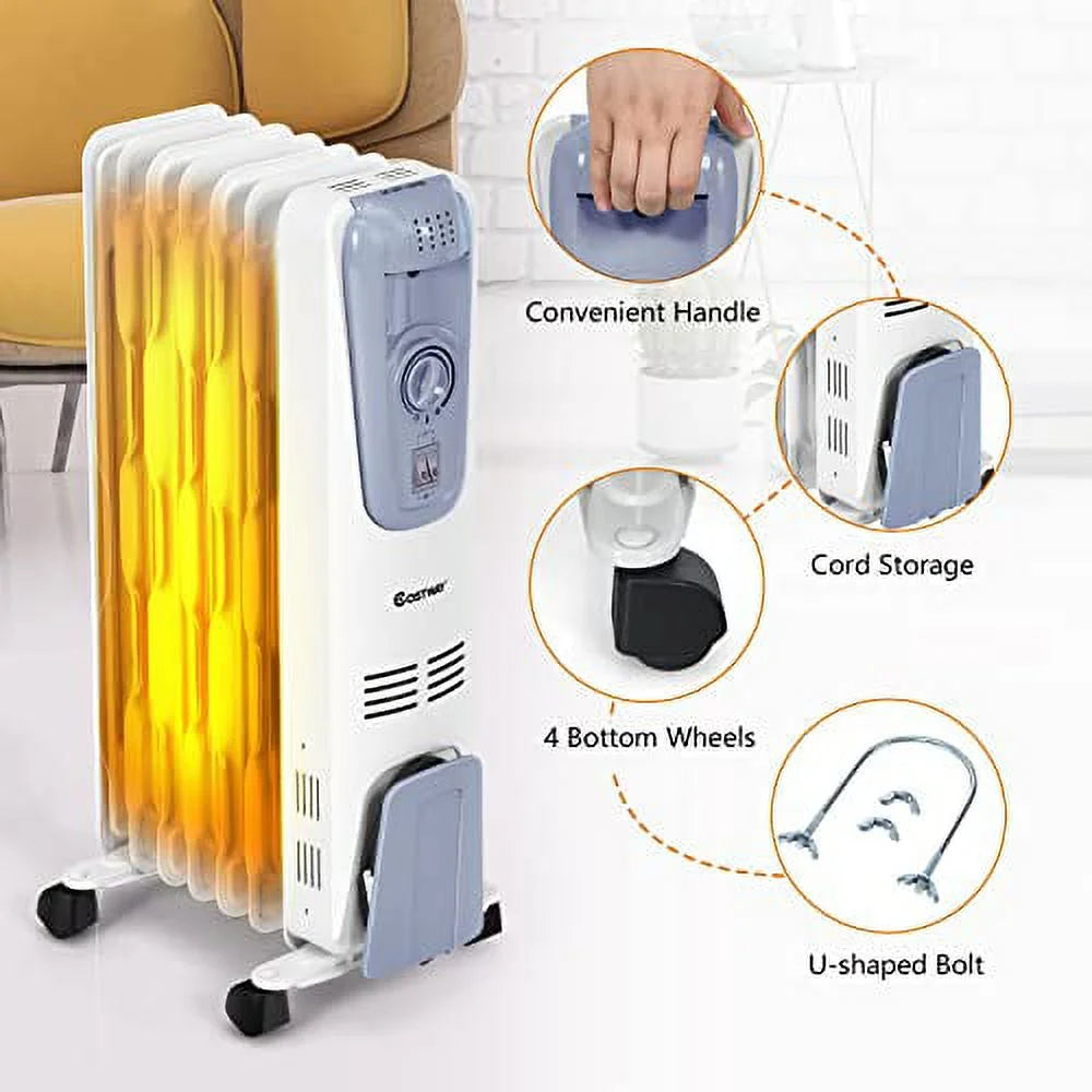 1500W Oil-Filled Radiator Heater with Adjustable Thermostat, 7 Fins J670544
