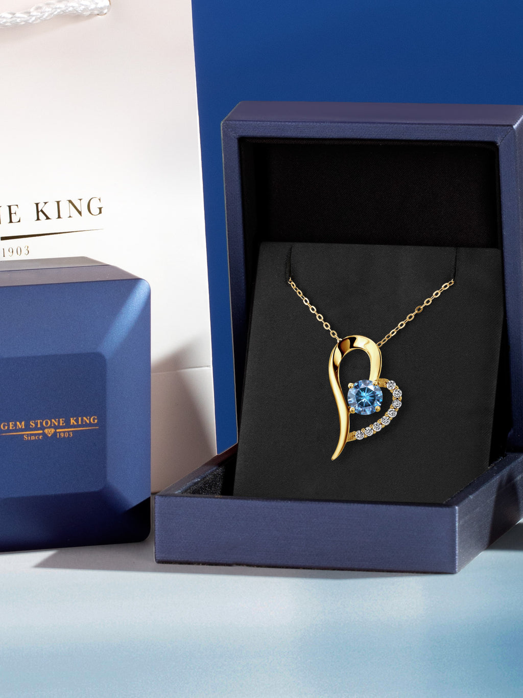18K Yellow Gold Plated Silver Persian Blue Moissanite Heart Shape Pendant Necklace with 18 inch Chain V423