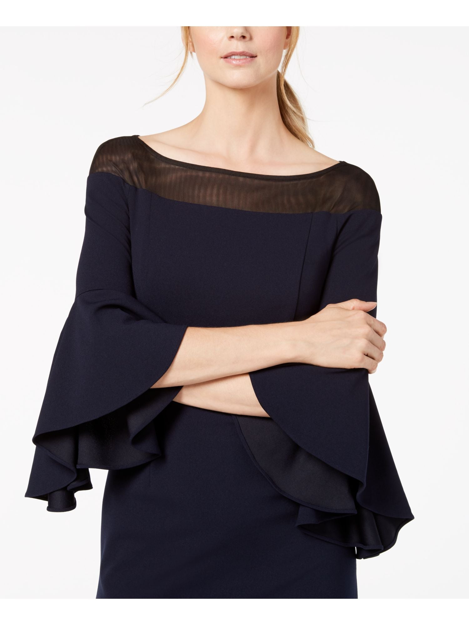 Navy Illusion Bell Sleeve Jewel Neck Sheath Dress T618