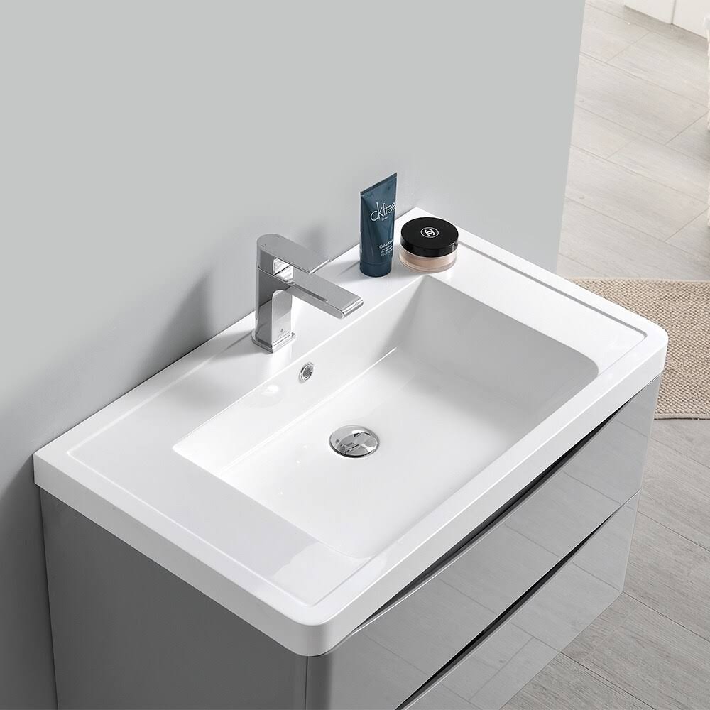 Glossy Gray Wall Hung Bathroom Cabinet with Integrated Sink H94926