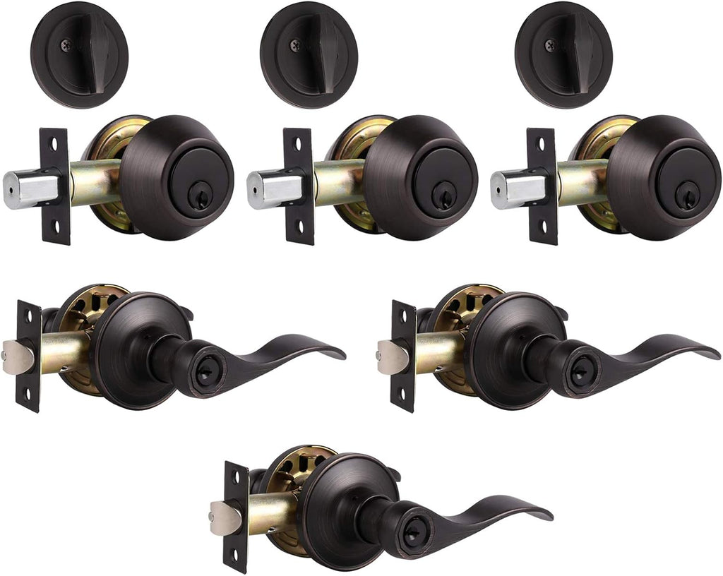 4 Pack Front Door Entry Lever Lock Set with Single Cylinder Deadbolt, Oil Rubbed Bronze E229