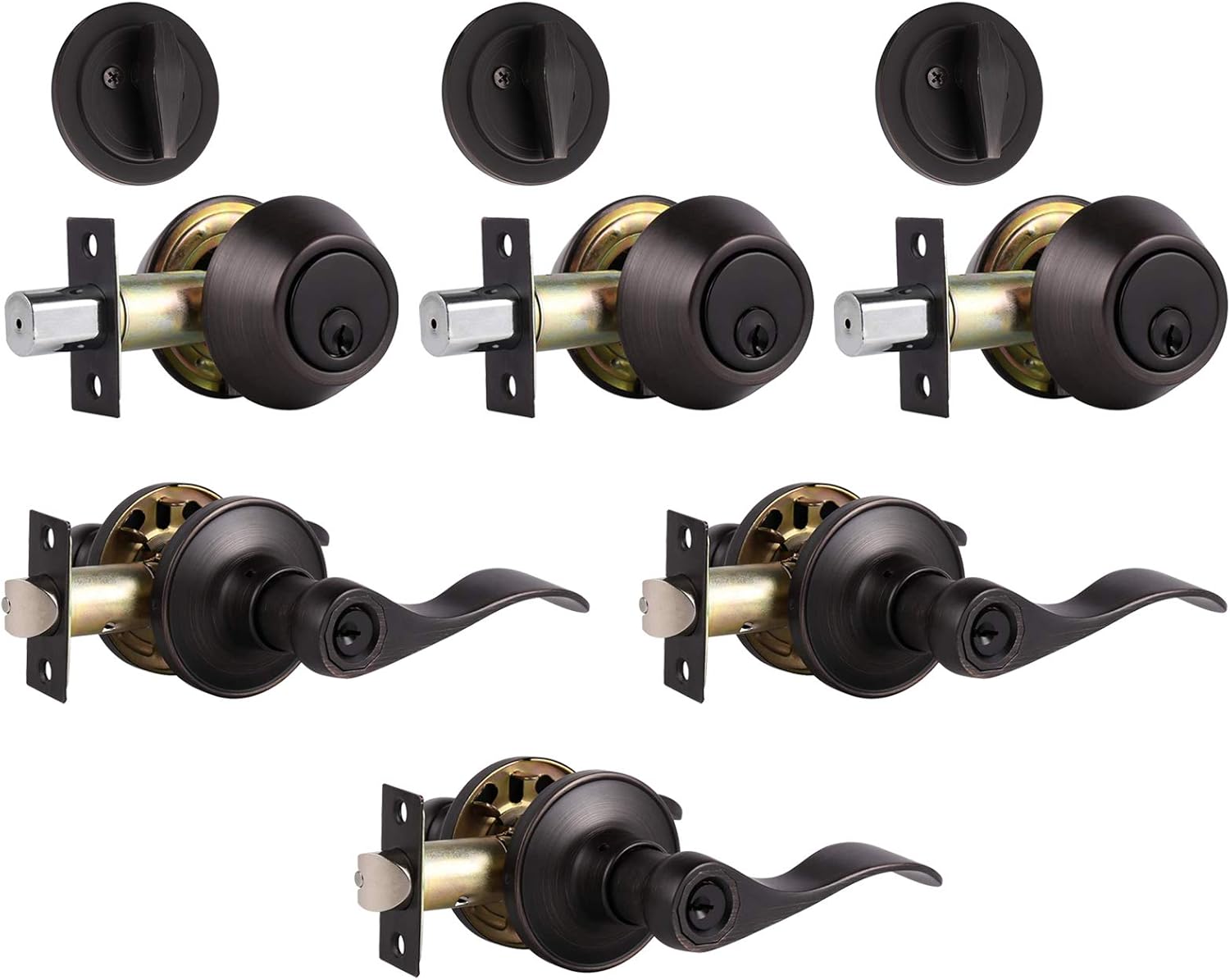 4 Pack Front Door Entry Lever Lock Set with Single Cylinder Deadbolt, Oil Rubbed Bronze E229