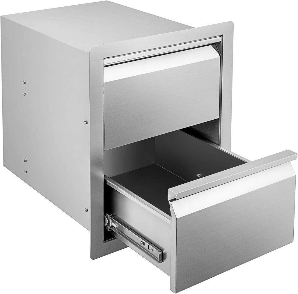 Stainless Steel Double Access BBQ Drawers Box Frame Style Flush Mount Outdoor Kitchen Storage Double Drawers D573459