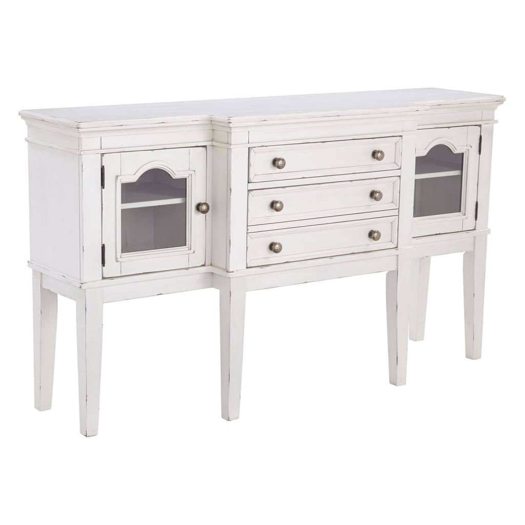 White Wooden Server with 3 Drawers and 2 Glass Door Cabinets N651975
