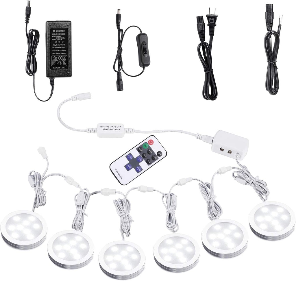 Under Cabinet LED Puck Lights with Wireless RF Remote Control, Hardwired & Wall Plug in, Daylight White, 6 Lights, Pack of 2 K2223