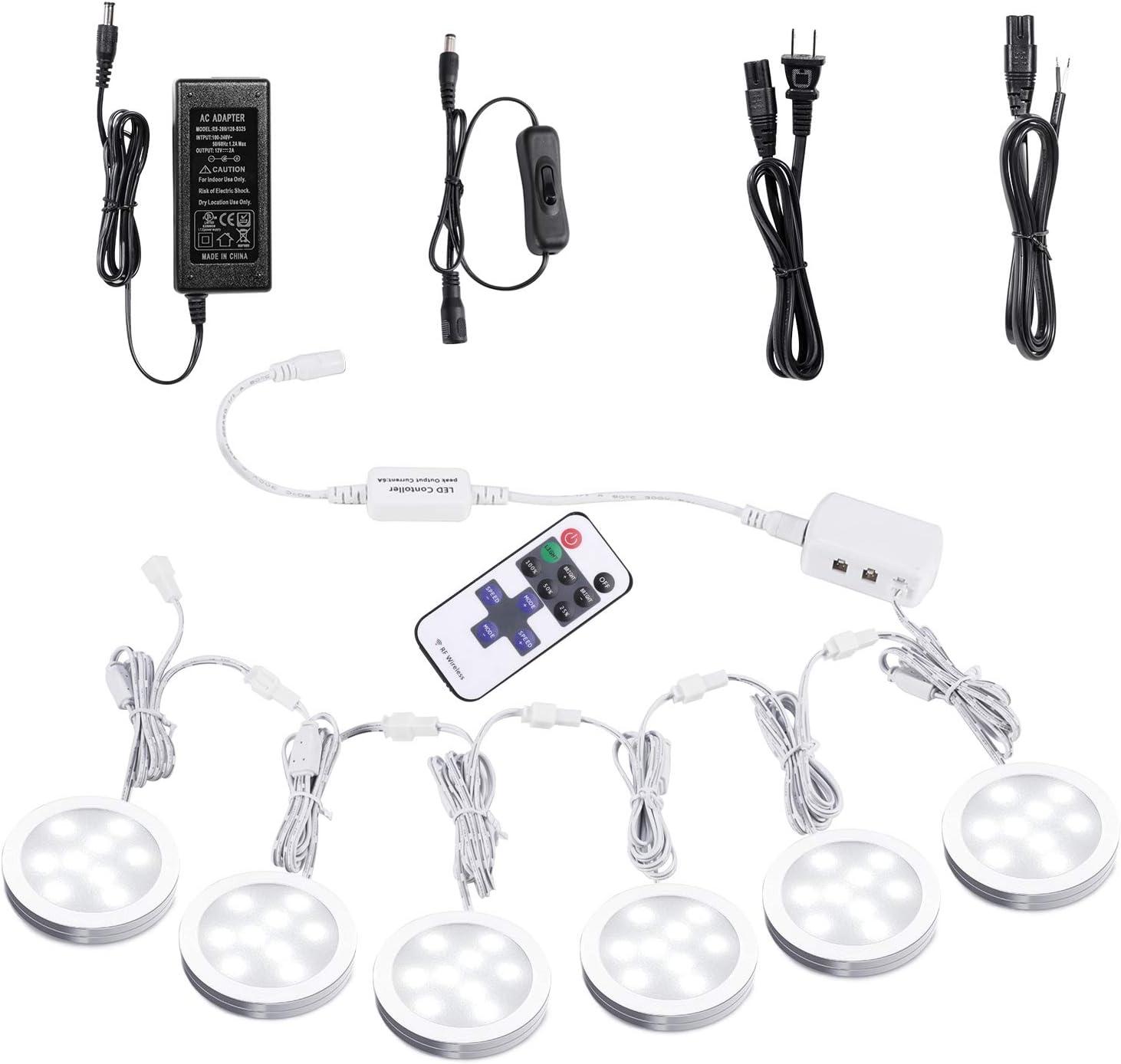 Under Cabinet LED Puck Lights with Wireless RF Remote Control, Hardwired & Wall Plug in, Daylight White, 6 Lights, Pack of 2 K2223