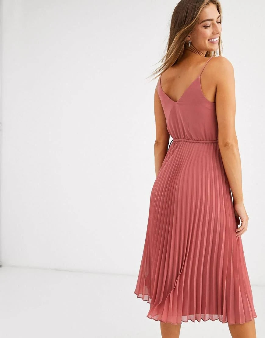 Dark Pink Pleated Cami Midi Dress with Drawstring Waist P6976