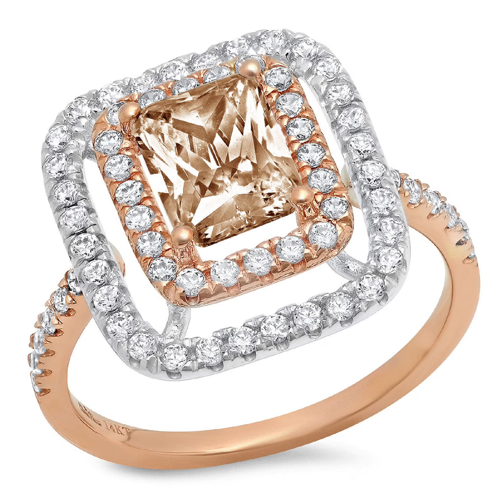 2.63ct emerald cut champagne simulated diamond 18k rose white gold halo ring size 5.25 U943