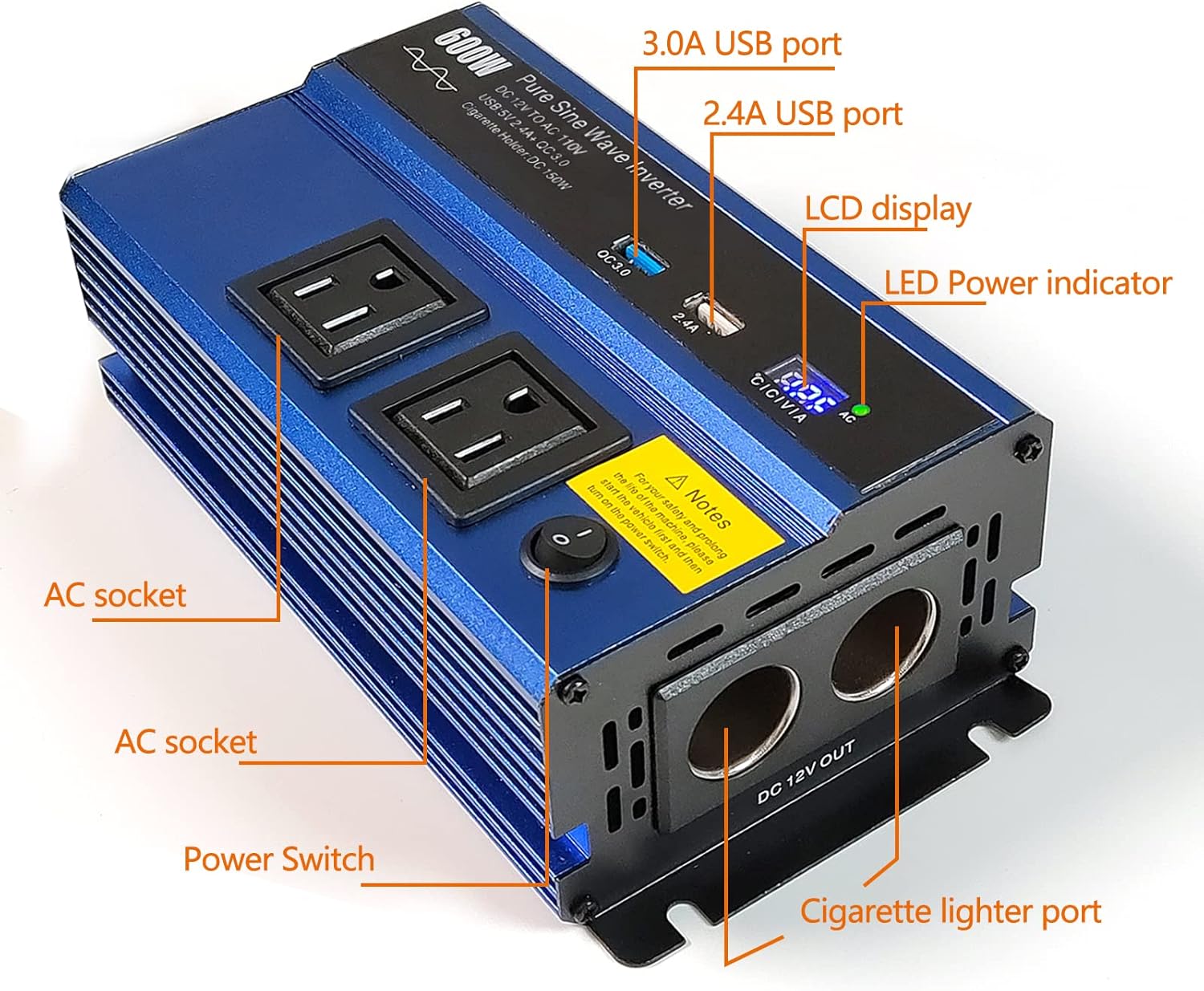 600W Pure Sine Wave Power Inverter DC12V to AC 110V with Dual AC Outlet K7248