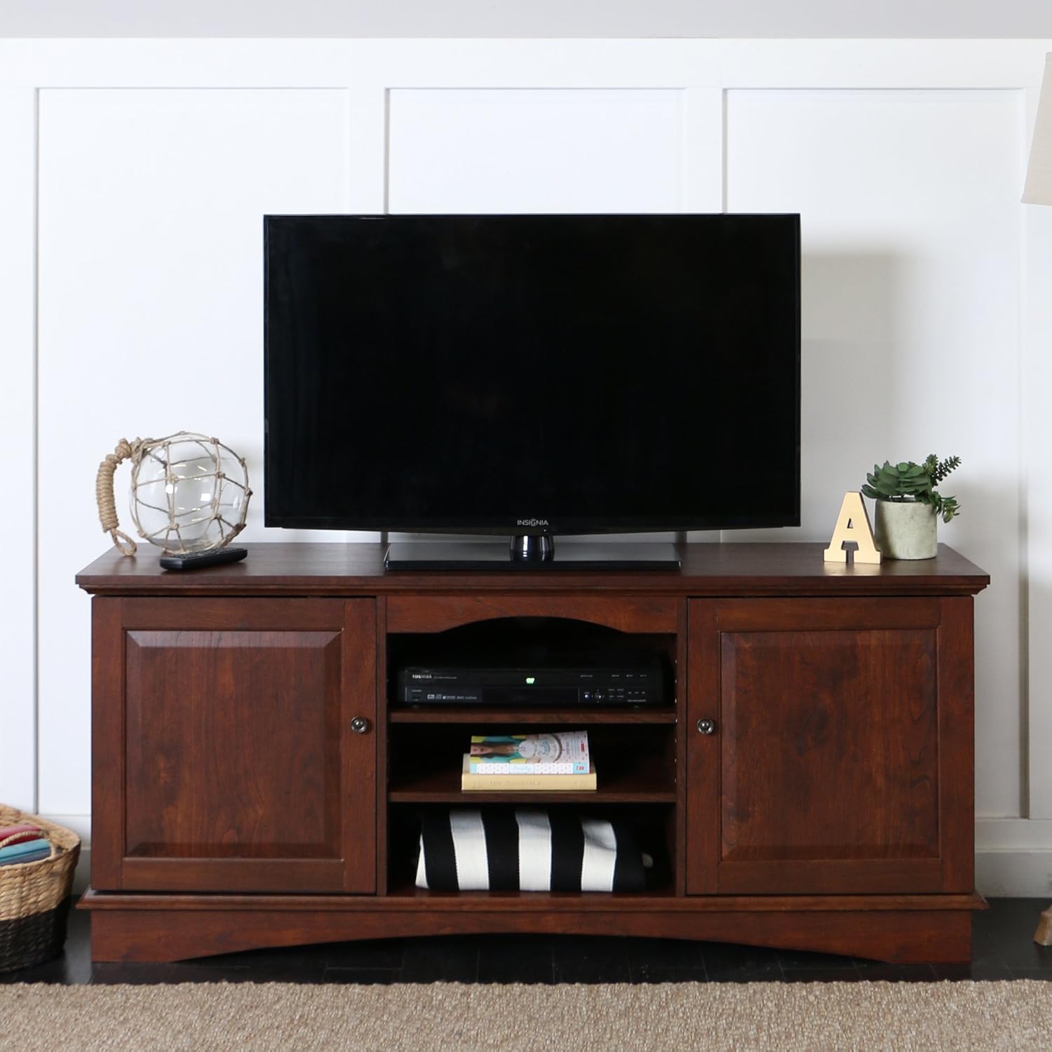 44 Inch Traditional Brown Wood TV Stand with Storage Cabinets B9246