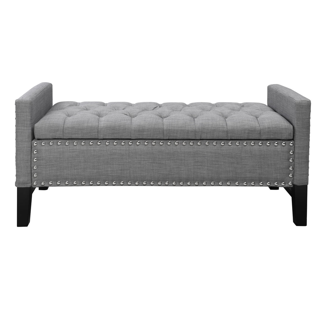 Light Grey Linen Storage Bench with Button Tufted Trim L354