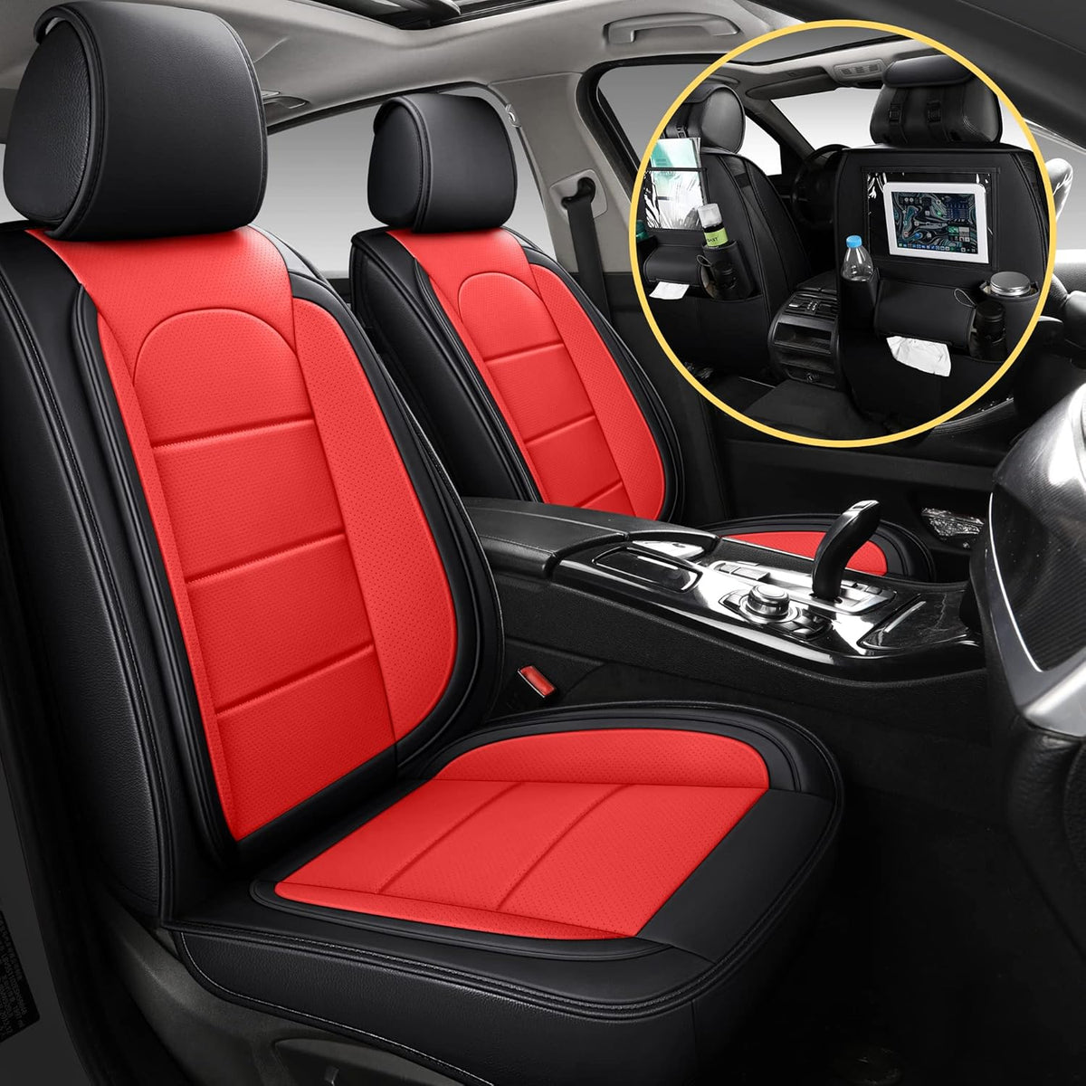 Black Leather Car Seat Covers with Backseat Organizer, Front Pair B9328