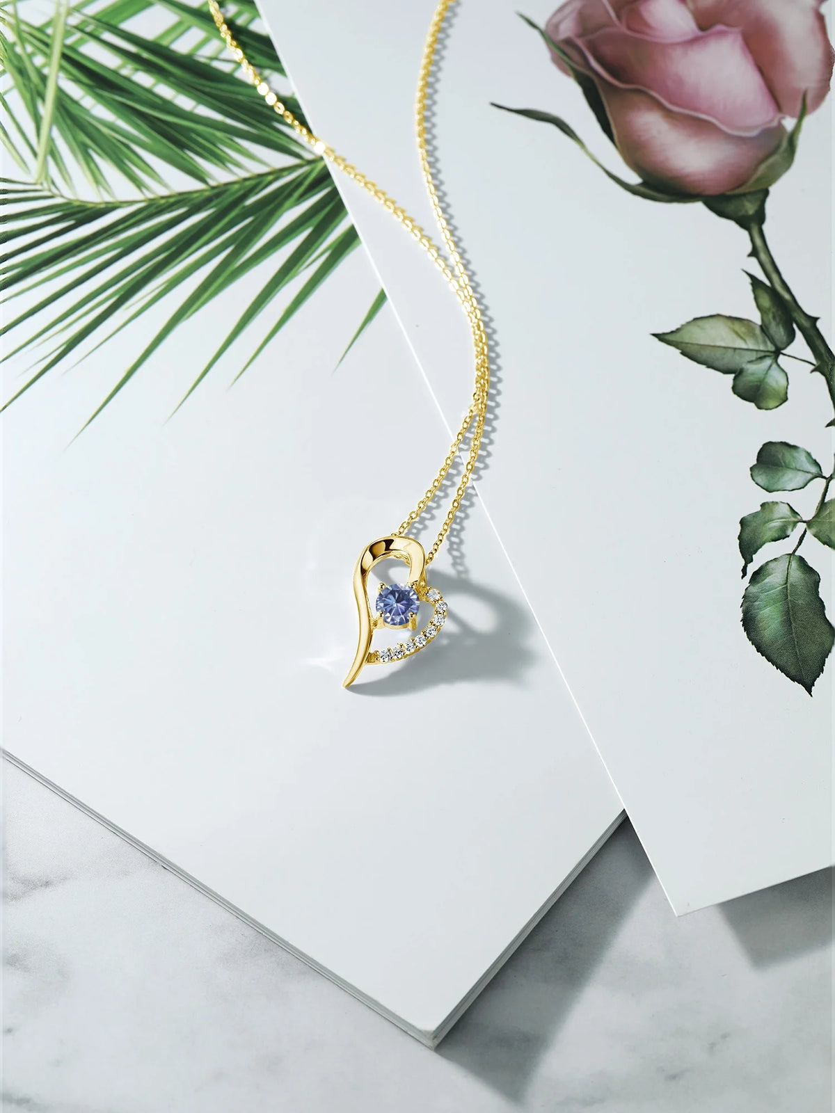 18K Yellow Gold Plated Silver Persian Blue Moissanite Heart Shape Pendant Necklace with 18 inch Chain V423