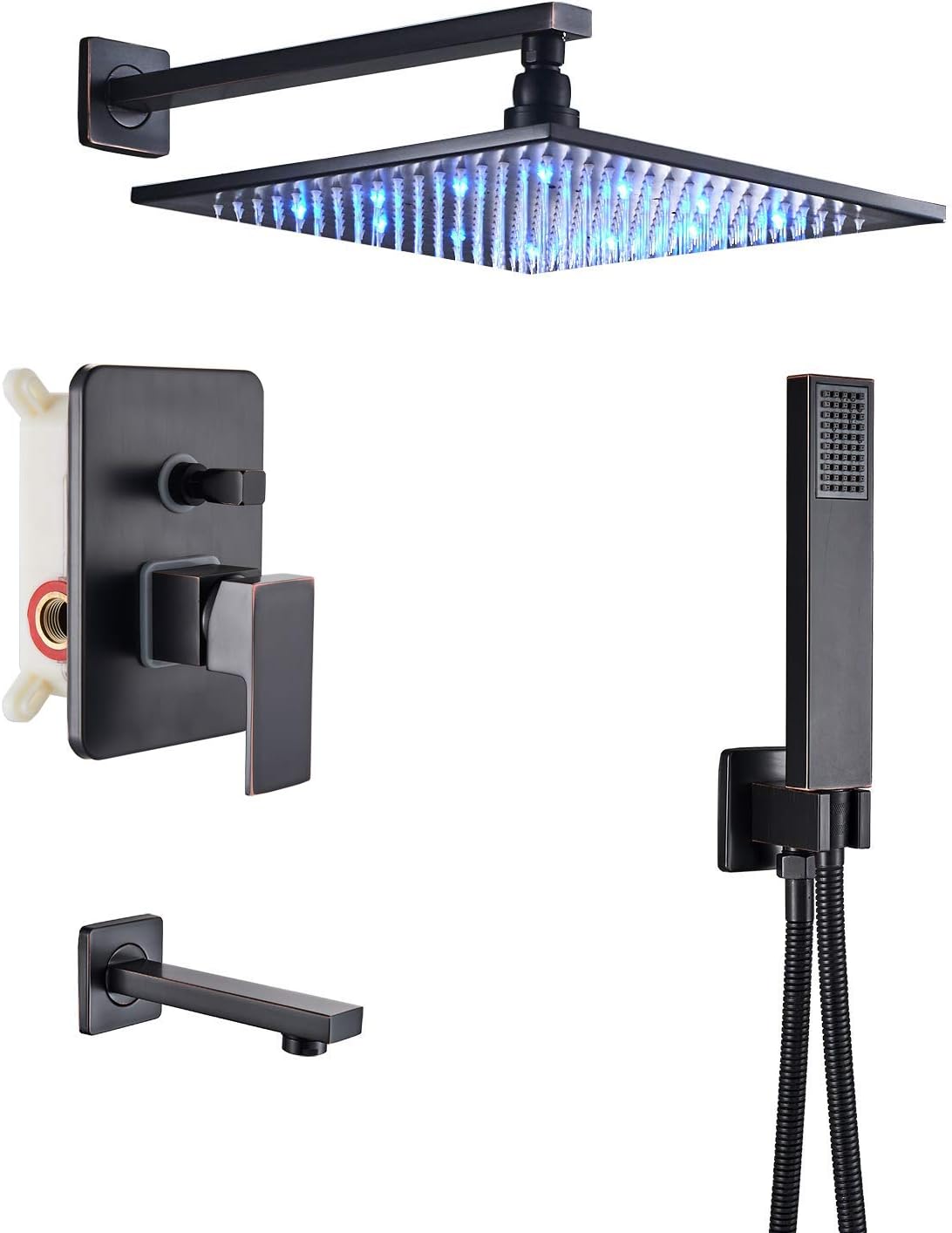 Black 3-way Mixer LED Color 12" Top Rain Shower Tub Spout Tap with Handheld Spray B195
