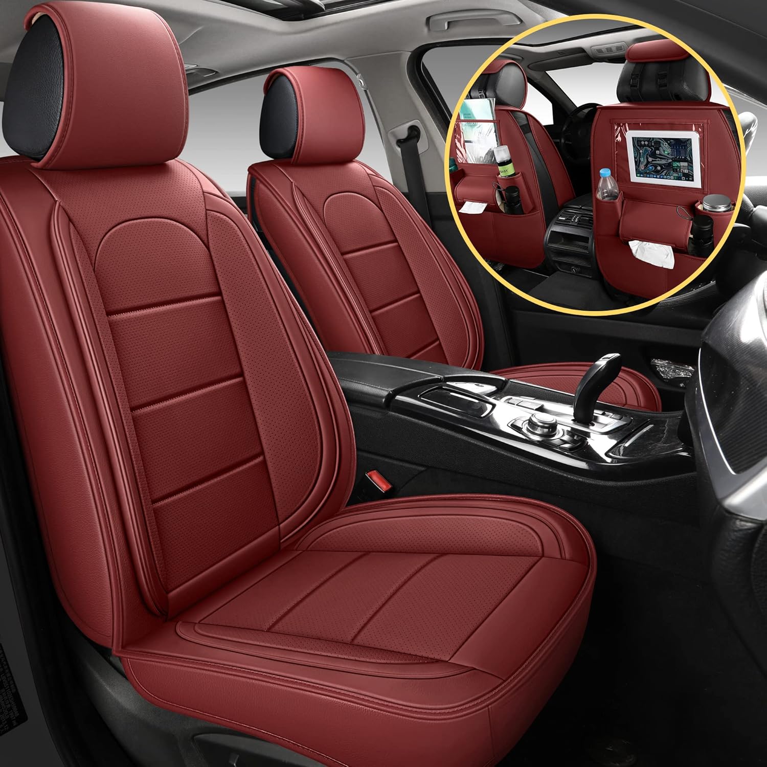Black Leather Car Seat Covers with Backseat Organizer, Front Pair B9328