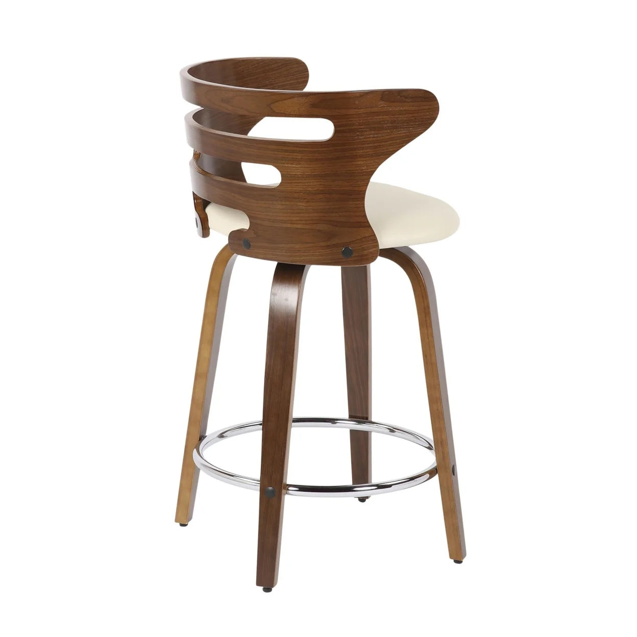 Mid-Century Modern Counter Stool With Swivel In Walnut And Cream Faux Leather - Set Of 2 N4723